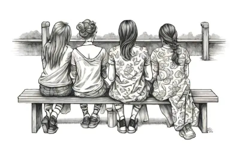 A Black And White Pencil Type Drawing Of Three Girls Sitting Facing Away On A Backless Bench