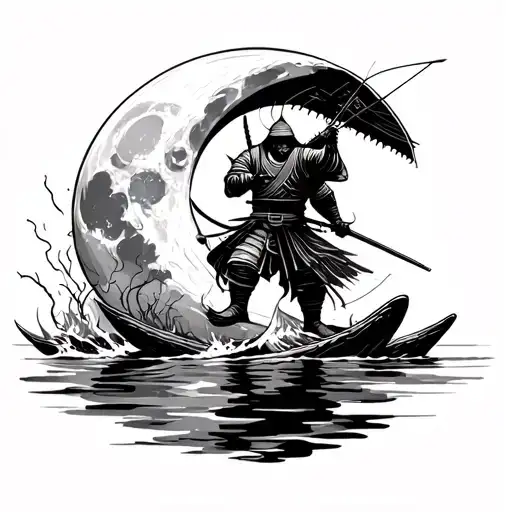 Samurai Fishing Off Of A Crescent Moon