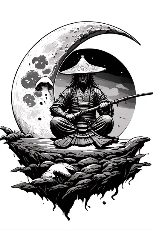 Samurai Sitting Down On The Edge Of A Crescent Moon And Using A Fishing Pole With A Mushroom Hat On