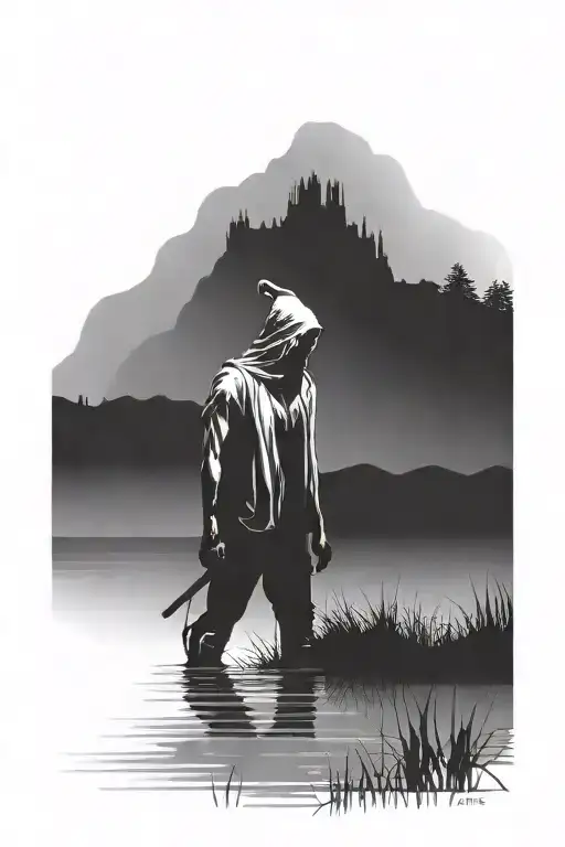 Change The Silhouette In This Picture To A Male Human Crouched By The Water