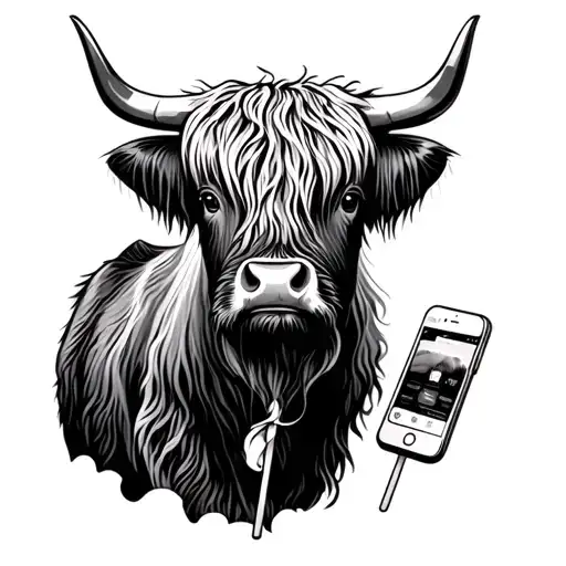 Highland Cow With Lolly Pop And Phone