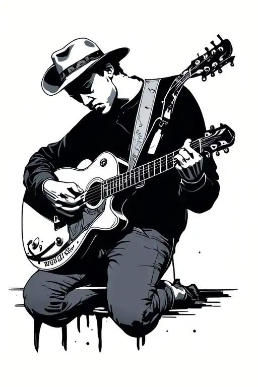 Guy Playing Guitar Silhouette Fine Line Tattoo Showcasing