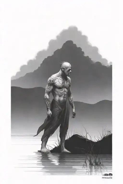 Add A Crouched Human Crying At The Edge Of The Water