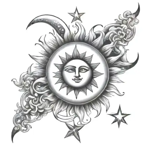 Sun And Moon Tattoo With A Cresent Moon And Stars Forming I Would Like It To Make More Details