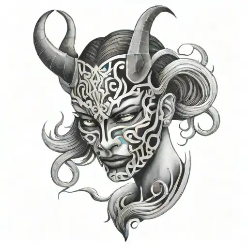 Broken Demon Mask With A Woman Coming Out Of The Center