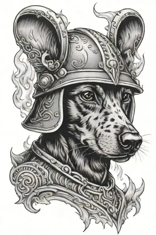 Dachshund Wearing Ancient Warrior Helmet Engulfed In Flames