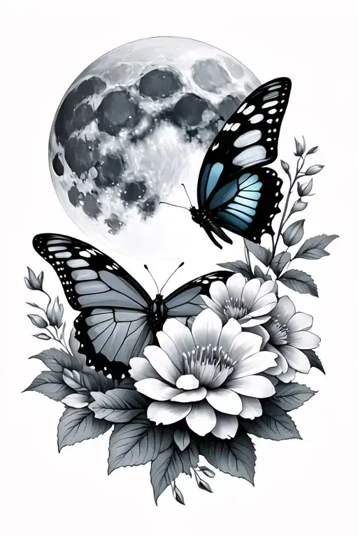 Butterflies Flowers And A Full Moon
