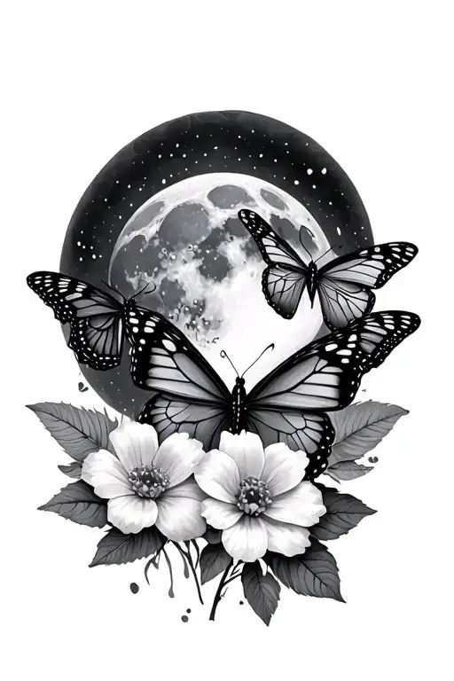 3 Butterflies Flowers And A Full Moon
