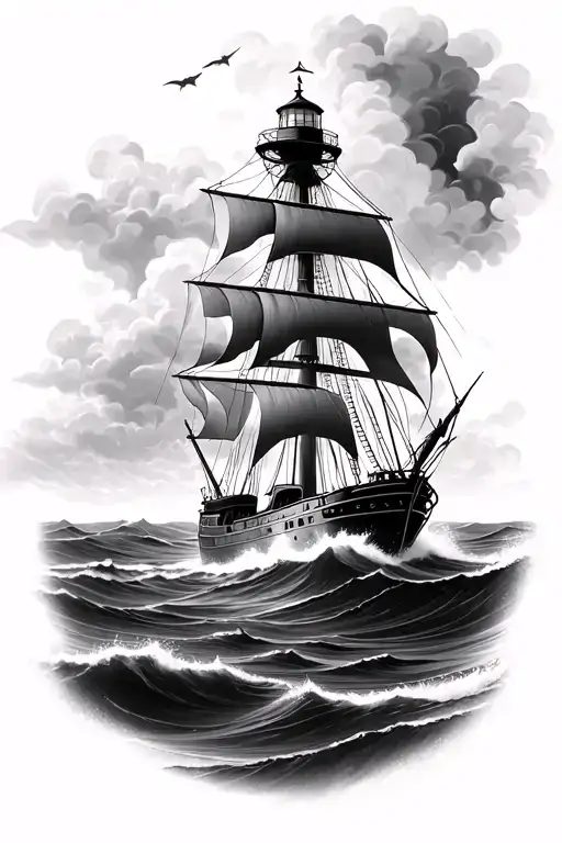 Ship Sailing Through Stormy Seas Lighthouse