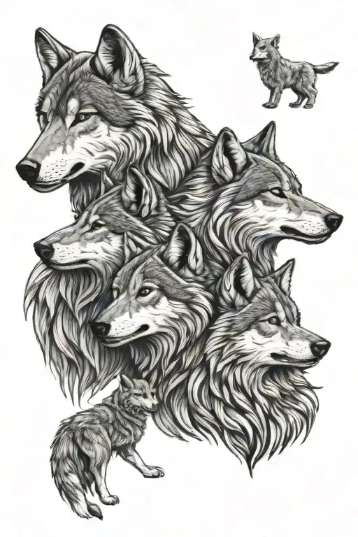Wolf Family Of 4 Line Art