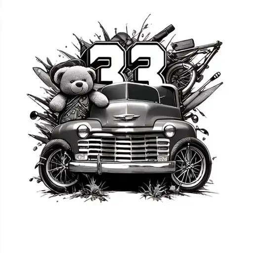 Number 33 With A Bike And Fishing Stuff And A Teddy Bear And A 1953 Chevy Truck