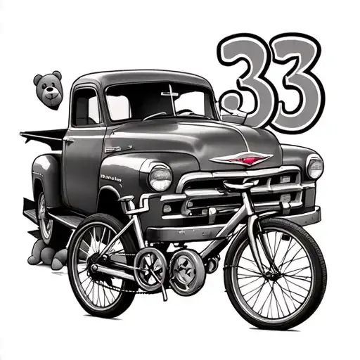 Number 33 As The Main Piece With A Bike And Fishing Stuff And A Teddy Bear And A 1953 Chevy Truck