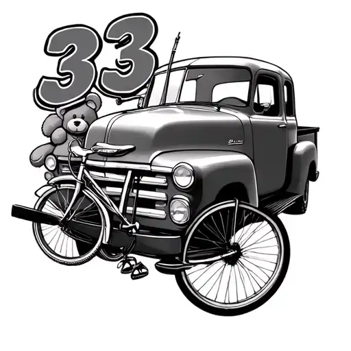 Number 33 With A Bike And Fishing Pole And A Teddy Bear And A 1953 Chevy Truck