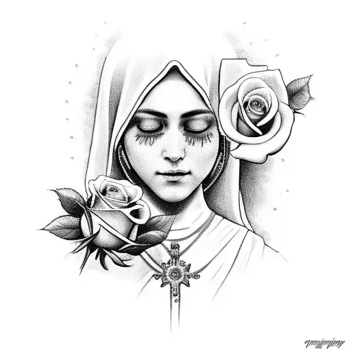 Virgen Mary Prayin And Crying With Roses Around Her