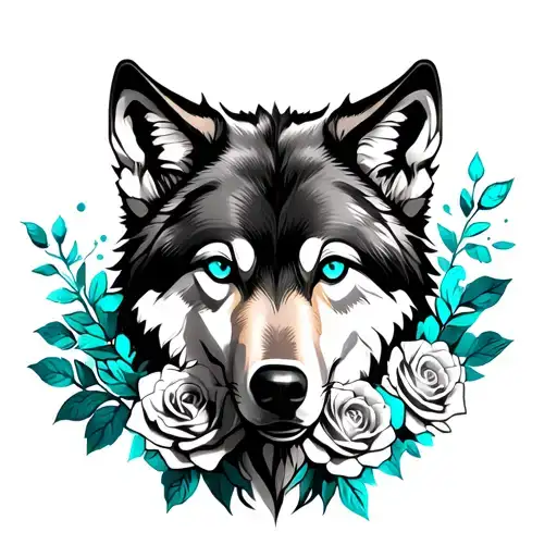 Wolf Made Of Roses Turquoise Colour