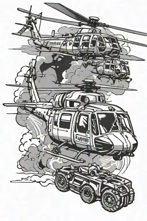 Black And White Tattoo H13 Helicopter And Huey Helicopter And Air Cav Patch And Heartbeat