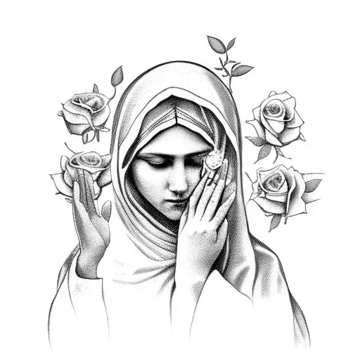 Virgen Mary Praying And Crying With Roses Around Her