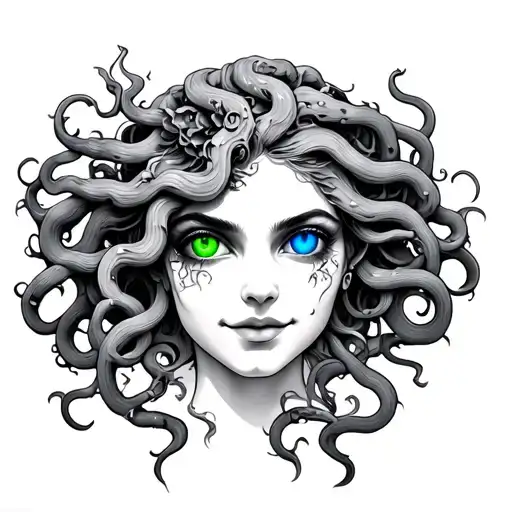Beautiful Medusa Tatto With One Green Eye And The Other Blue And With A Pshyco Smile