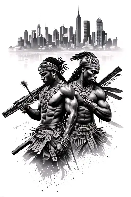 African Warriors With City Of Miami Skyline Inside