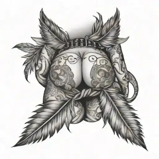 Sexy Tattooed Male Buttock With A Motif Of A Woman With Tied Eyes And Feathers