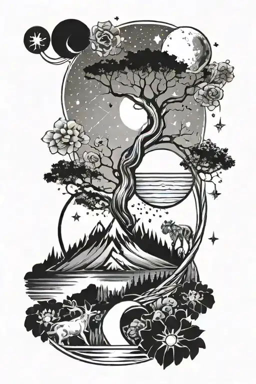 Tribal River Mountains Trees With Saturn And The Moon And Stars With Animals And Flowers