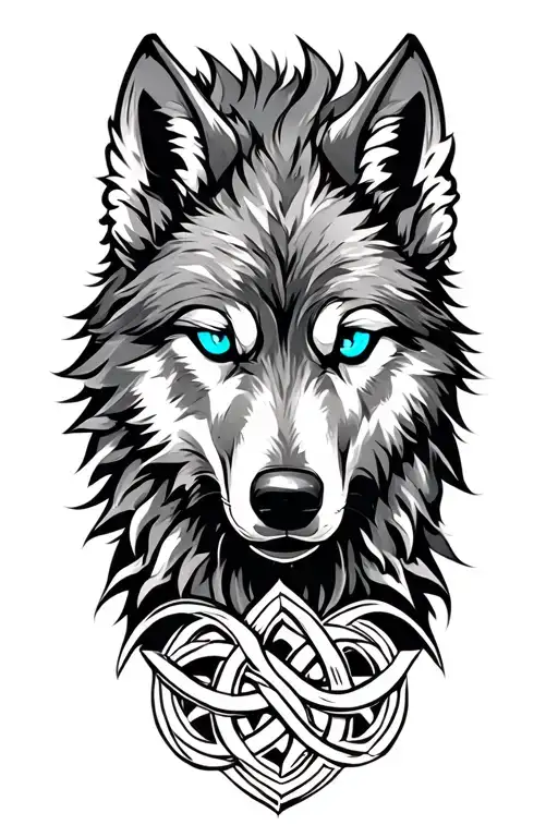 Wolf With Blue Eyes On Armor Tattoo Design Featuring Celtic Trinity Knot