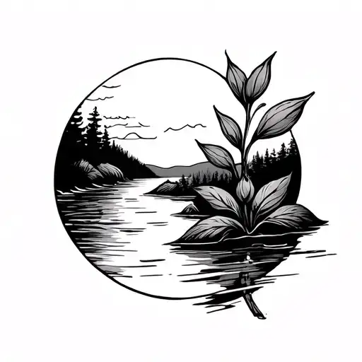 Very Very Simple Line Drawing Of A River During Sunrise With A Bud Next To It