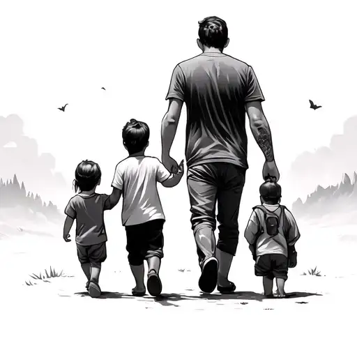 Father And Kids Walking Hand In Hand