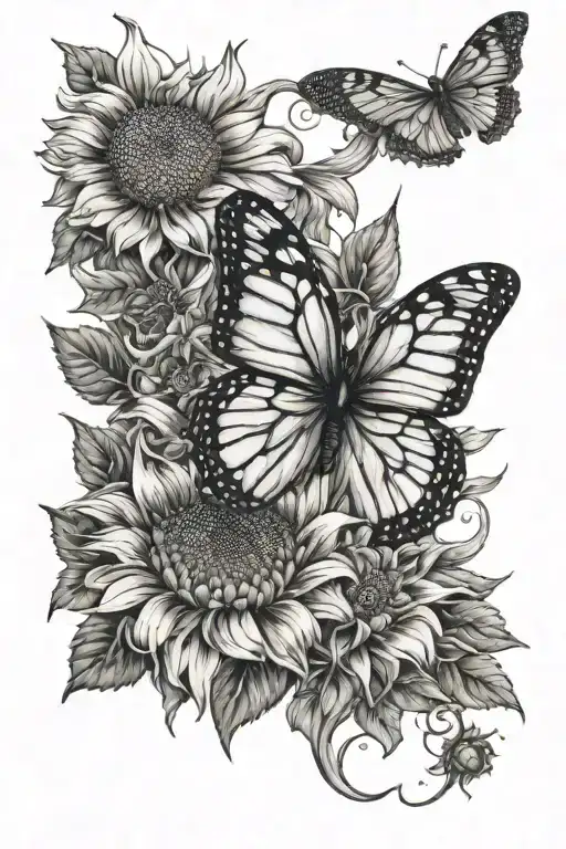 Arm Sleeve Incorporating Monarch Buttefly And Sunflower On Bicep
