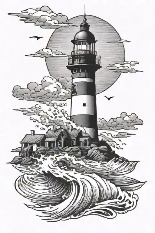 Beach Scene With Lighthouse Overlooking