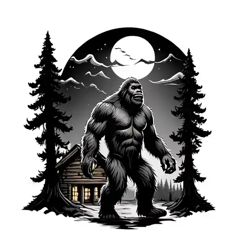 Bigfoot Walking In The Forest Next To A Wooden Cabin At Night