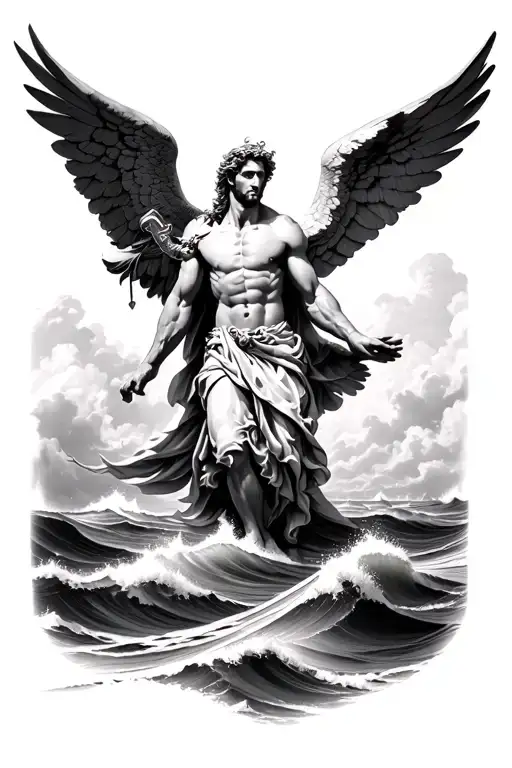 Archangel Michael Flying Above A Stormy Ocean Waves