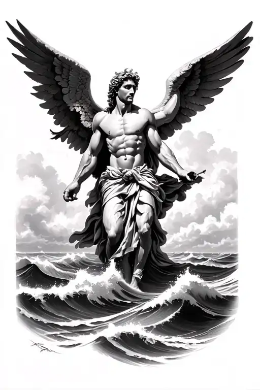 Archangel Michael Flying Above A Stormy Ocean Waves