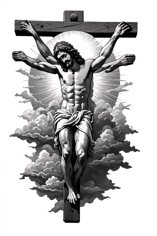 Jesus Christ Crucified With A Sun Rising Out Of Clouds Behind Him Very Detailed