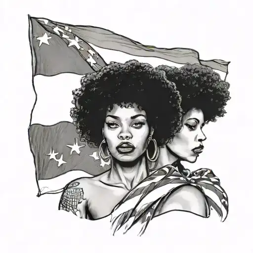 American Flag Withh Half Face Black Woman With Afro And Us Marine Flag