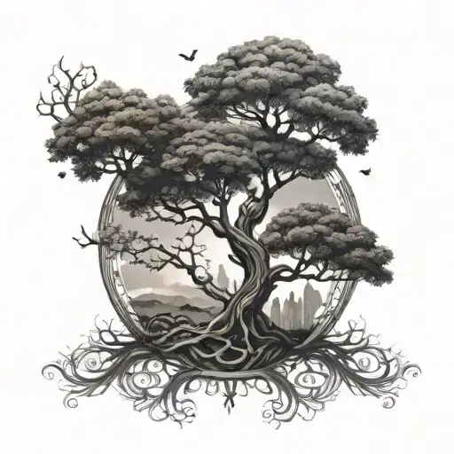 Create A Small Tattoo Design Of A Tree Of Life With Elements Symbolizing A Traveler Couple