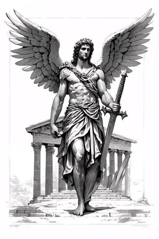 Archangel Michael Holding A Sword In Front Of An Ancient Greek Building