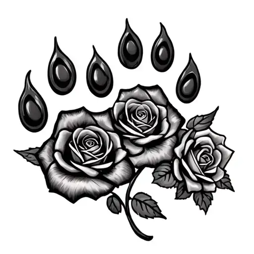 2 Dog Paw Prints With 3 Roses With A Vine