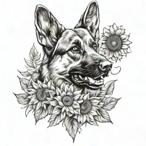 German Shepherd Dog And Sunflower