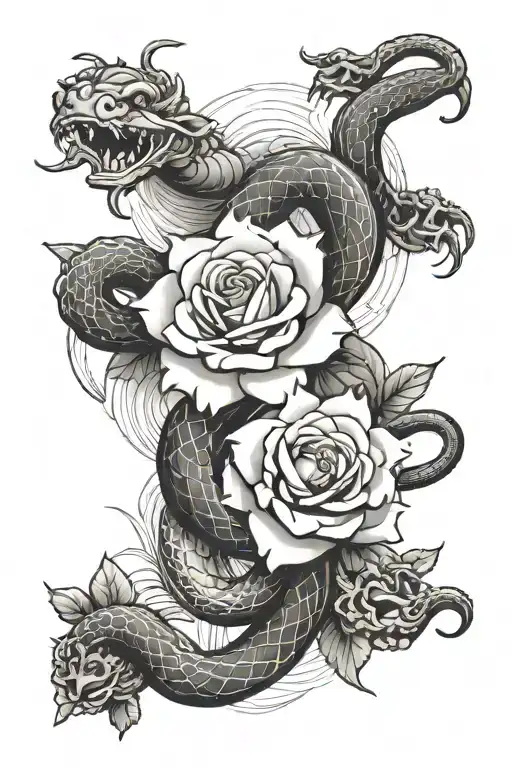 Chinese Style Rose And Snake Slithering With A Sun Shining