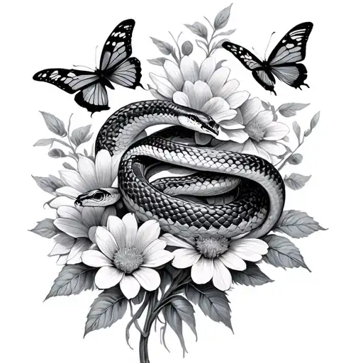 Snake And Butterflies Through Flowers