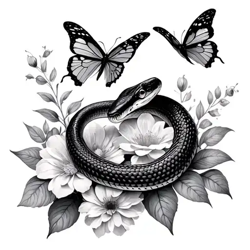 Snake And Butterflies Through Flowers