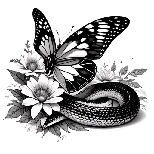 Butterfly On Snake While It's Going Through Flowers