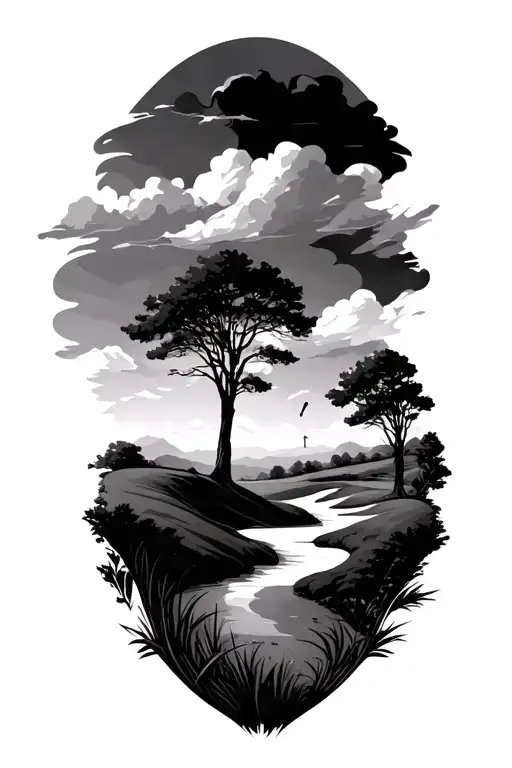 Full Sleeve Tattoo Design Featuring Golf Course Landscape