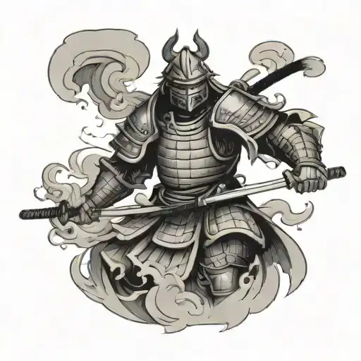 Samurai In Armor And Smoke Coming Out Of It