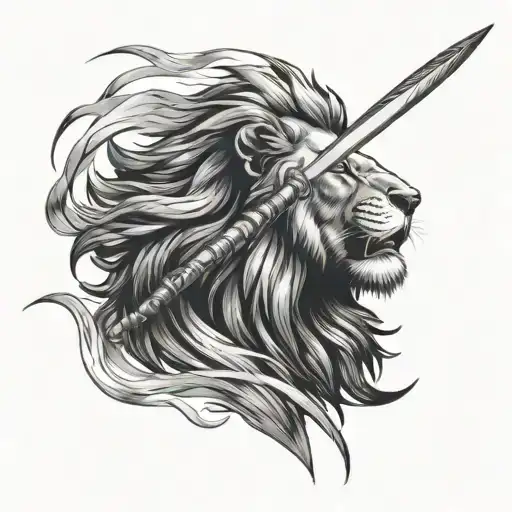 Lion Head And Man Thoughing Javelin Flying Through The Air