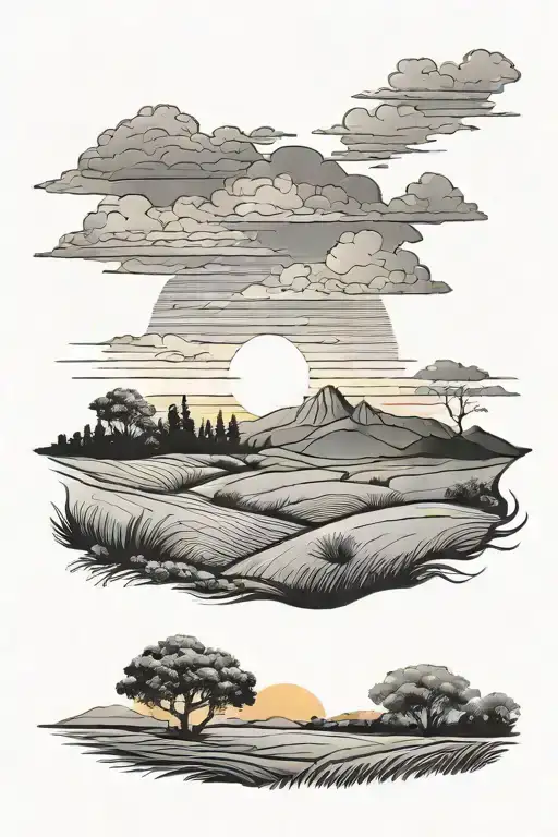 Field Landscape With Sunset Sky