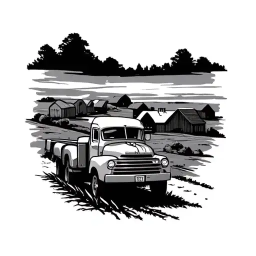 Peaceful Country Landscape With Trucks And Barns