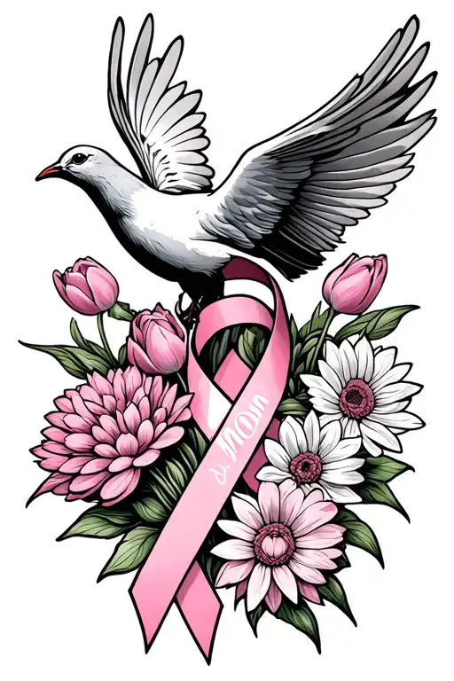 Dove With Chrysanthemum And Tulips With Breast Cancer Ribbon With The Word Mom Inside The Ribbon
