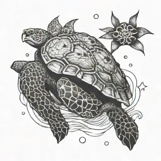 Turtle In The Ocean With One Lotus And One North Star